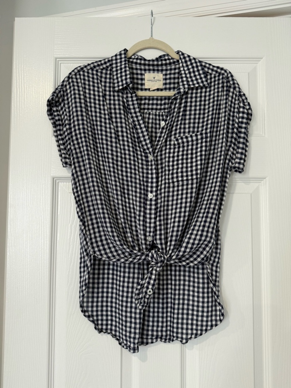 American Eagle Gingham Button Front Shirt - Blue & White